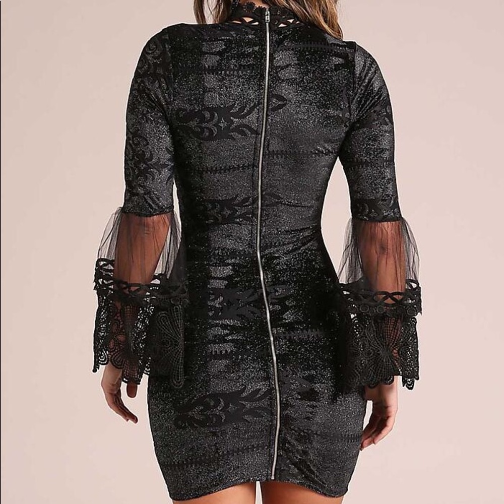 Black Embroidered Lace Tulle Sleeve Bodycon Dress - Picture 3 of 6